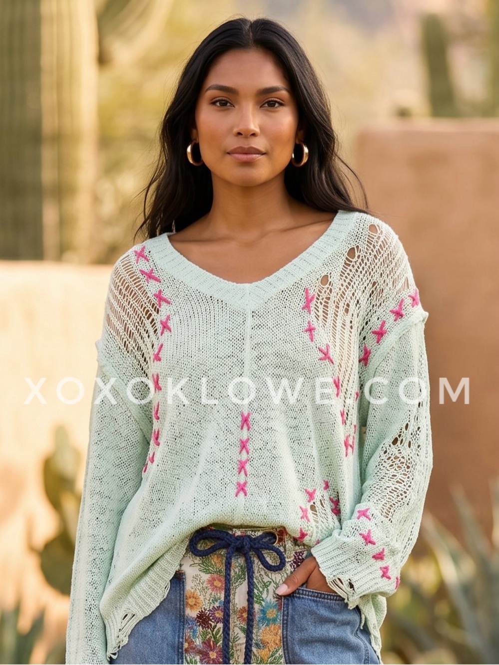 POL Mint Green Open Knit Sweater | Pink Whipstitch Slouchy V Neck Distressed